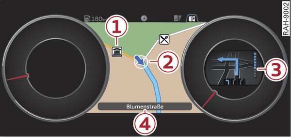 Abb. 194 Standardkarte bei aktiver Zielführung (Audi virtual cockpit)